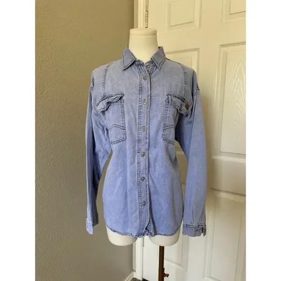 VINTAGE Jordache Shirt Large Blue Jean Denim Button Up 80s 90s - Picture 1 of 11